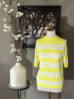 Vintage 60s Knit Mod Yellow & White Striped Short Sleeve Sweater Back Zip